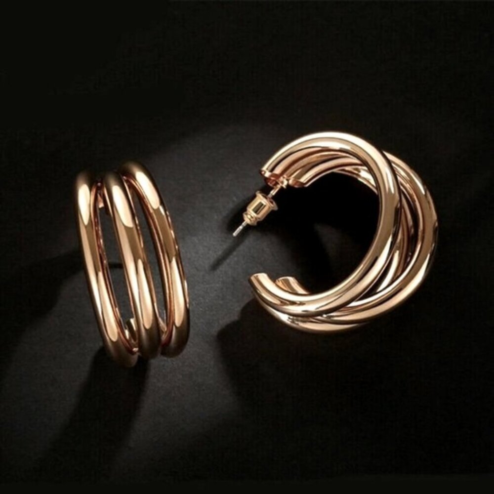 New 14k Yellow Gold 925 Silver Triple Hoops